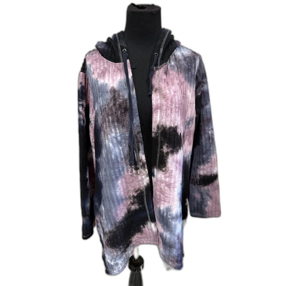 LOGO Lori Goldstein Multi-Color Tie-Dye Knit Hoodie Cardigan Open Front, Boho, L